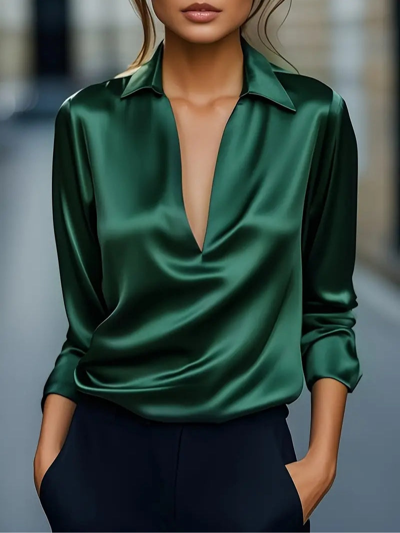 Solid Color Satin V-neck Long-sleeved Casual Shirt - Eliza-Warszawa