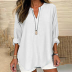 Solid Color V-Neck Long Sleeved Loose Casual Blouse - Eliza-Warszawa