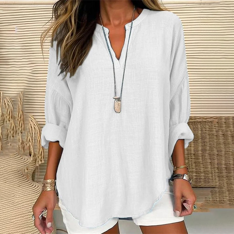 Solid Color V-Neck Long Sleeved Loose Casual Blouse - Eliza-Warszawa