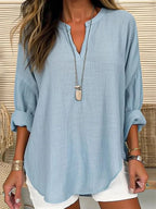 Solid Color V-Neck Long Sleeved Loose Casual Blouse - Eliza-Warszawa