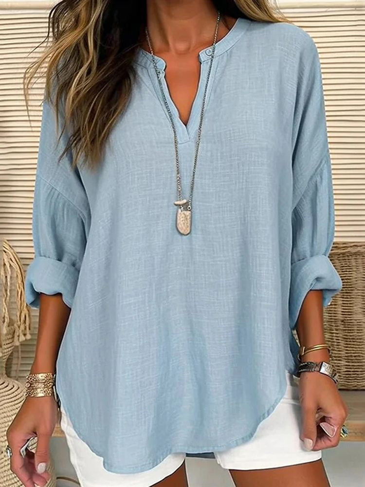 Solid Color V-Neck Long Sleeved Loose Casual Blouse - Eliza-Warszawa