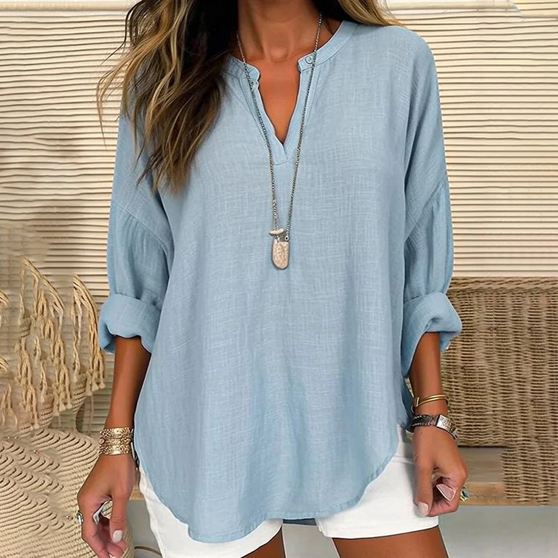 Solid Color V-Neck Long Sleeved Loose Casual Blouse - Eliza-Warszawa