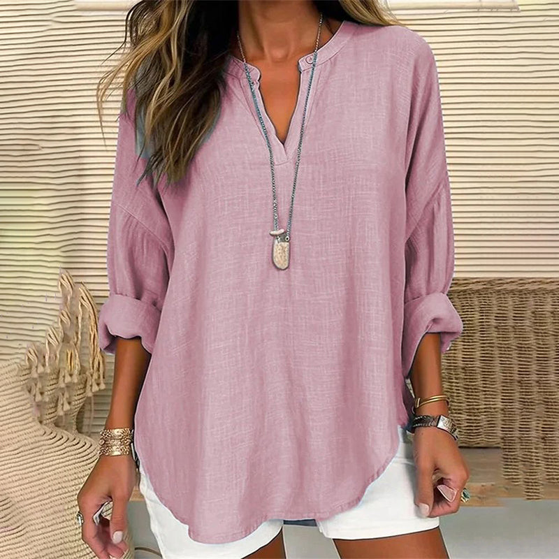 Solid Color V-Neck Long Sleeved Loose Casual Blouse - Eliza-Warszawa