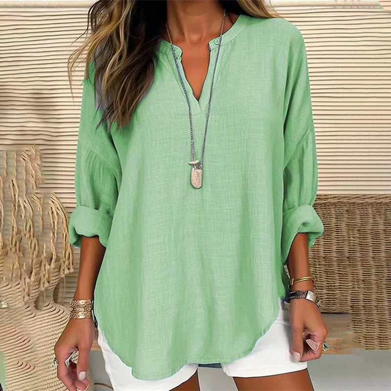 Solid Color V-Neck Long Sleeved Loose Casual Blouse - Eliza-Warszawa