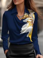 Solid Satin Floral Print Simple Swing Collar Shirt Top - Eliza-Warszawa