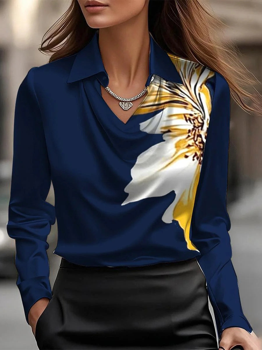 Solid Satin Floral Print Simple Swing Collar Shirt Top - Eliza-Warszawa