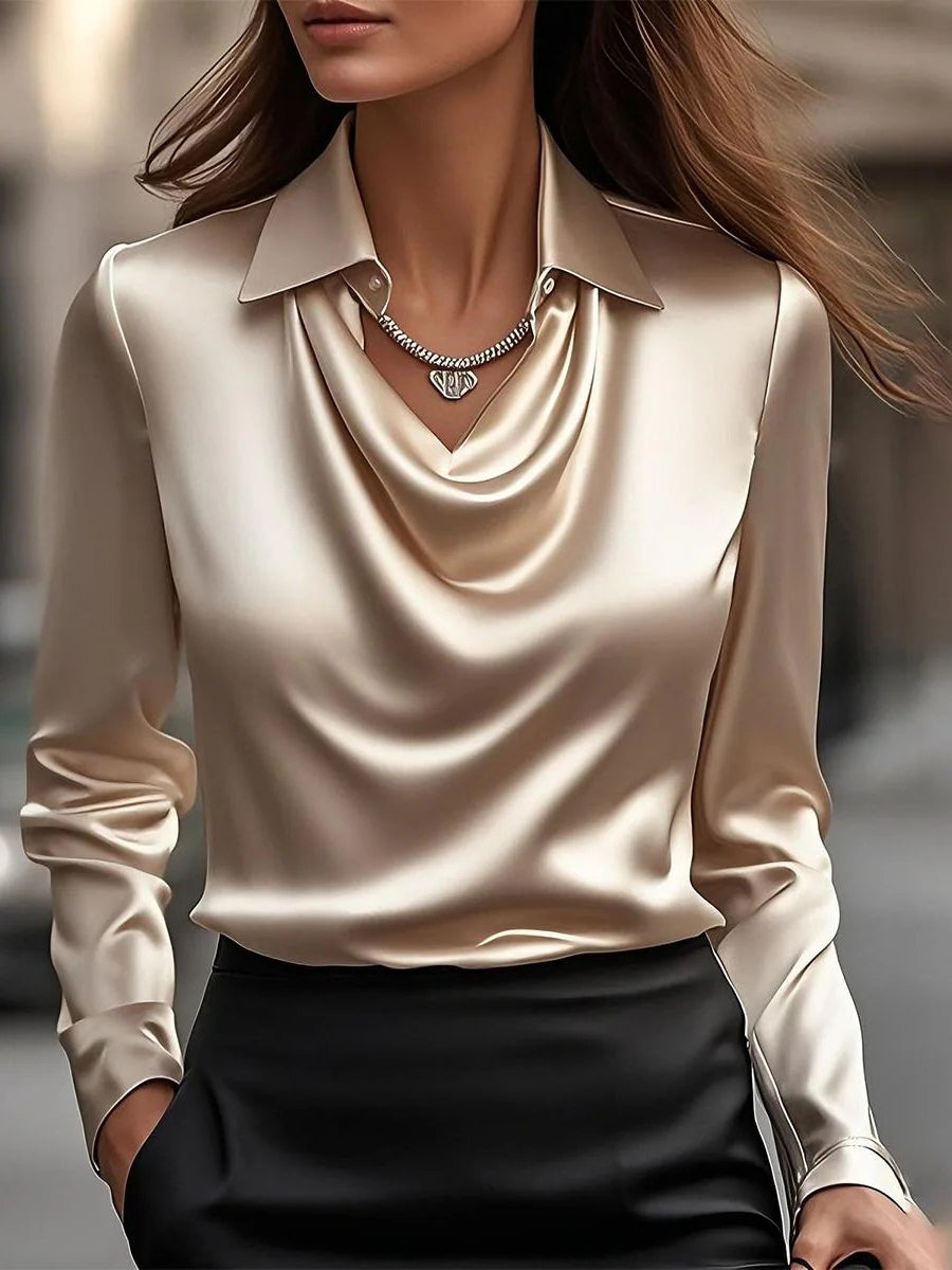 Solid Satin Floral Print Simple Swing Collar Shirt Top - Eliza-Warszawa