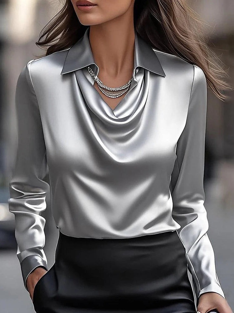 Solid Satin Floral Print Simple Swing Collar Shirt Top - Eliza-Warszawa
