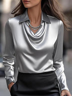 Solid Satin Floral Print Simple Swing Collar Shirt Top - Eliza-Warszawa