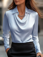Solid Satin Floral Print Simple Swing Collar Shirt Top - Eliza-Warszawa