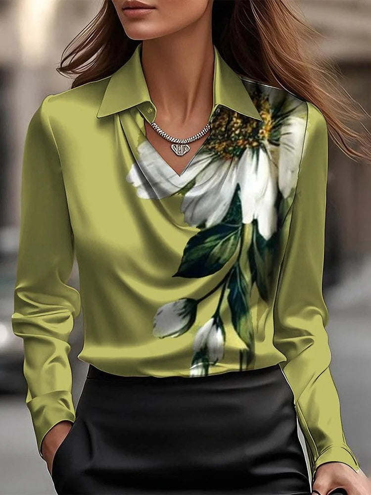 Solid Satin Floral Print Simple Swing Collar Shirt Top - Eliza-Warszawa