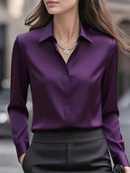 Solid color long-sleeved versatile shirt with lapel satin shirt - Eliza-Warszawa