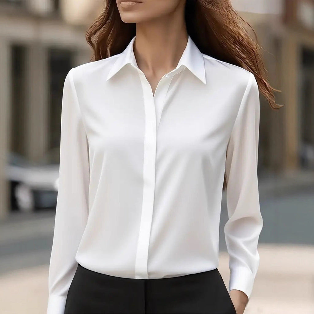 Solid color long-sleeved versatile shirt with lapel satin shirt - Eliza-Warszawa