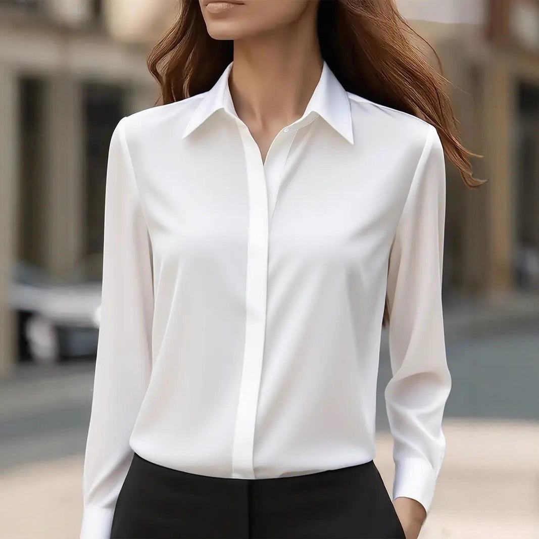 Solid color long-sleeved versatile shirt with lapel satin shirt - Eliza-Warszawa
