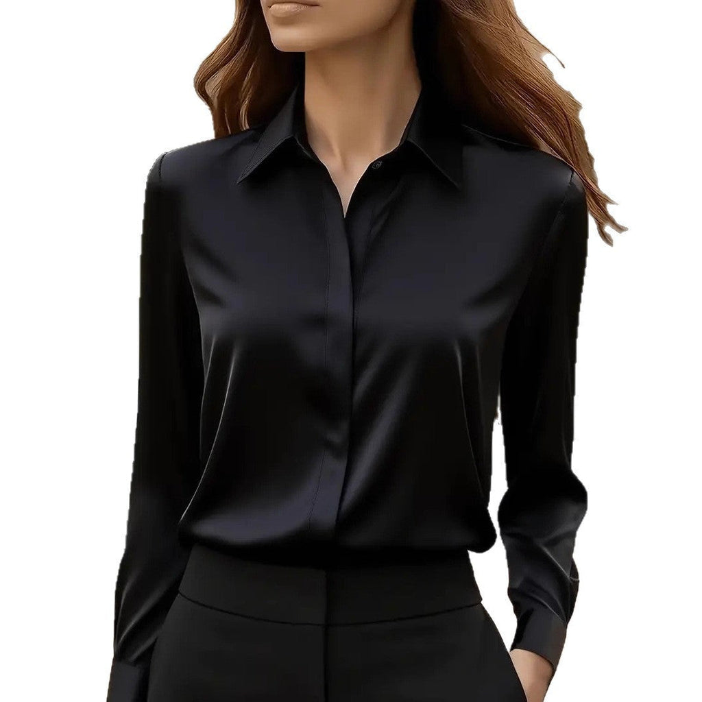 Solid color long-sleeved versatile shirt with lapel satin shirt - Eliza-Warszawa