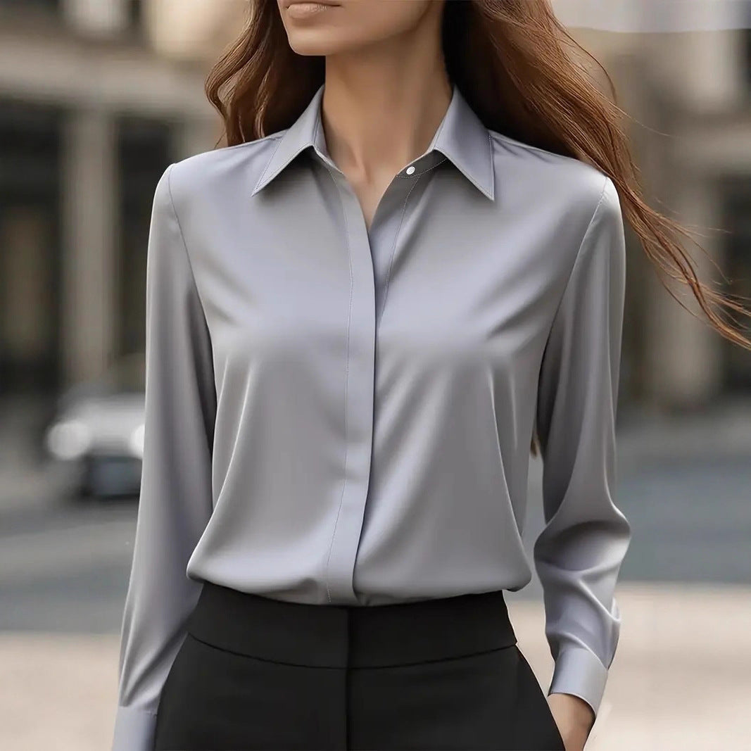 Solid color long-sleeved versatile shirt with lapel satin shirt - Eliza-Warszawa