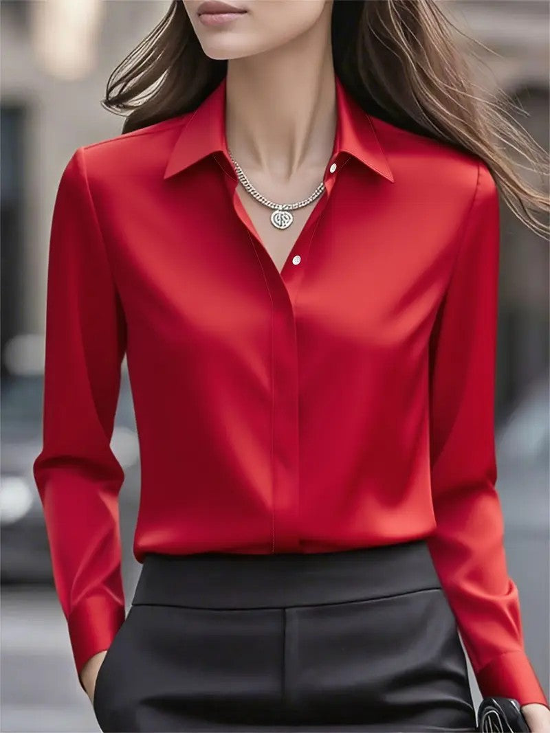 Solid color long-sleeved versatile shirt with lapel satin shirt - Eliza-Warszawa
