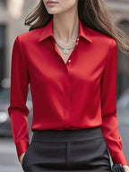 Solid color long-sleeved versatile shirt with lapel satin shirt - Eliza-Warszawa