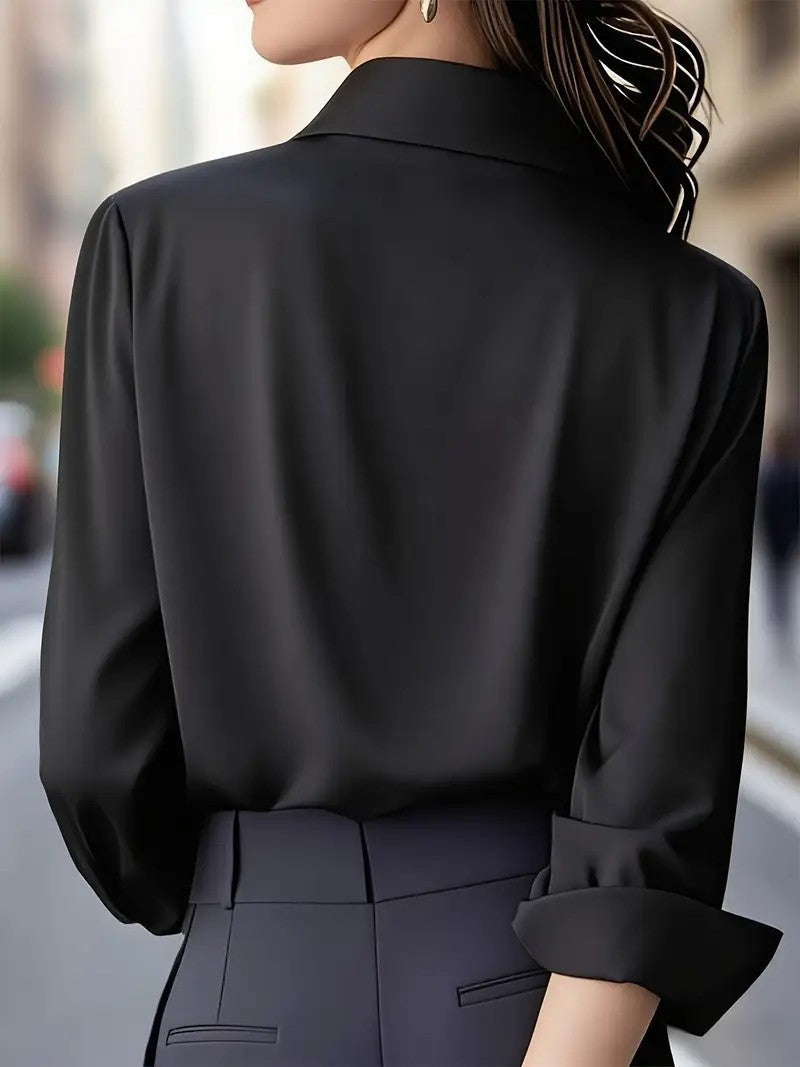 Solid color long-sleeved versatile shirt with lapel satin shirt - Eliza-Warszawa