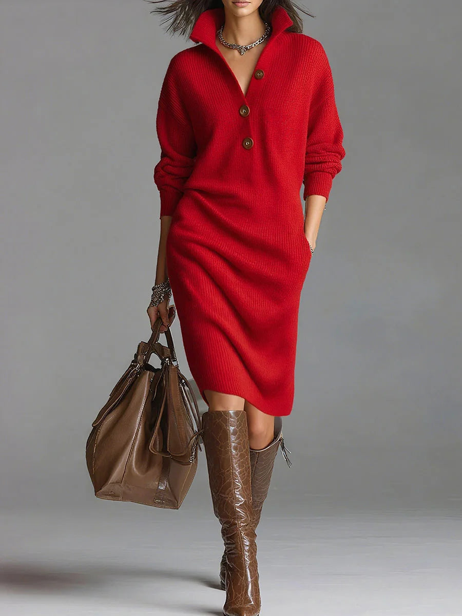 Solid color stand collar long sleeve loose knit dress - Eliza-Warszawa