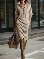 Solid color stand collar long sleeve loose knit dress - Eliza-Warszawa