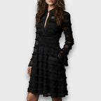 Sophie | Elegant Black Midi Dress with Sheer Fringe and Flattering Fit - Eliza-Warszawa