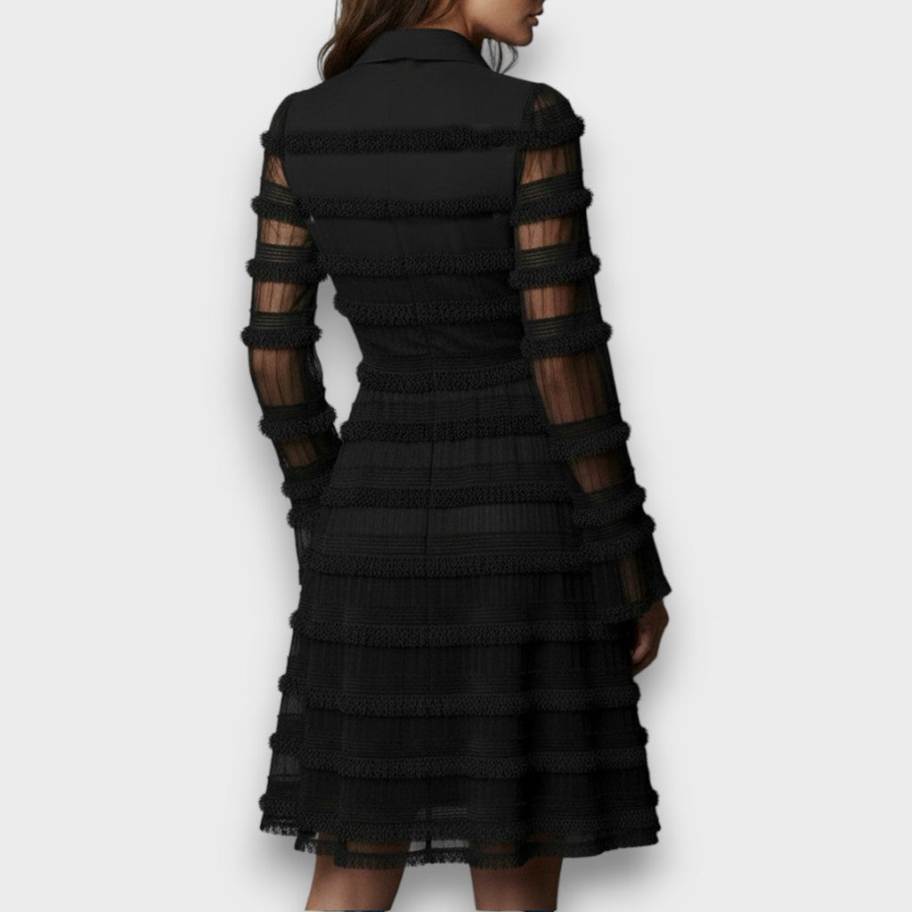 Sophie | Elegant Black Midi Dress with Sheer Fringe and Flattering Fit - Eliza-Warszawa