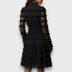 Sophie | Elegant Black Midi Dress with Sheer Fringe and Flattering Fit - Eliza-Warszawa