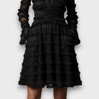 Sophie | Elegant Black Midi Dress with Sheer Fringe and Flattering Fit - Eliza-Warszawa
