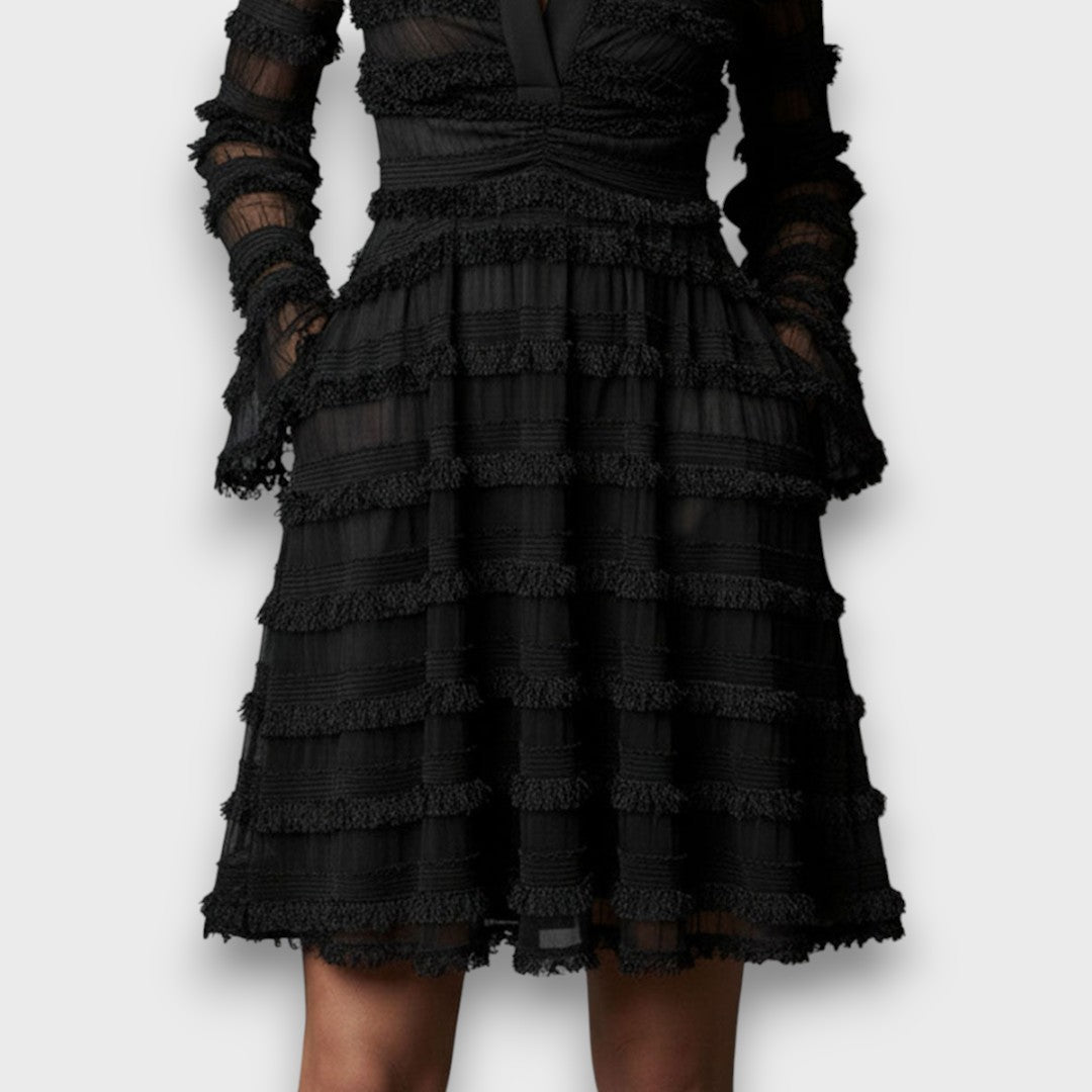 Sophie | Elegant Black Midi Dress with Sheer Fringe and Flattering Fit - Eliza-Warszawa