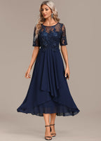 Sophie | Elegant Navy Lace Midi Dress with Flattering Flowing Silhouette - Eliza-Warszawa