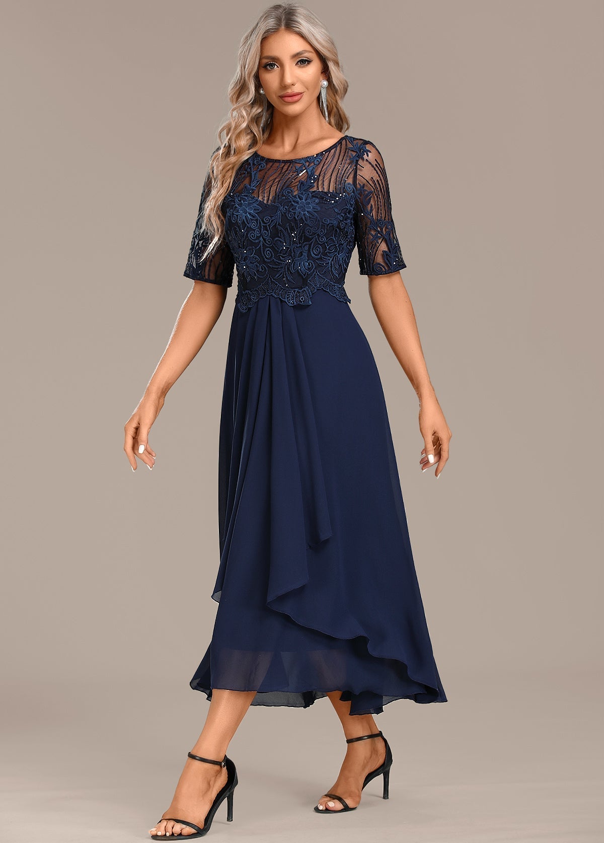 Sophie | Elegant Navy Lace Midi Dress with Flattering Flowing Silhouette - Eliza-Warszawa