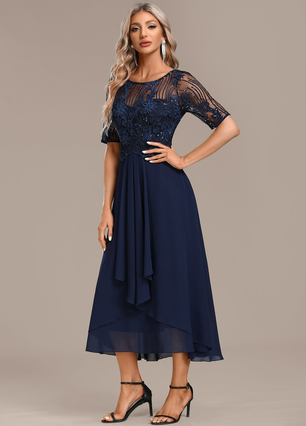 Sophie | Elegant Navy Lace Midi Dress with Flattering Flowing Silhouette - Eliza-Warszawa