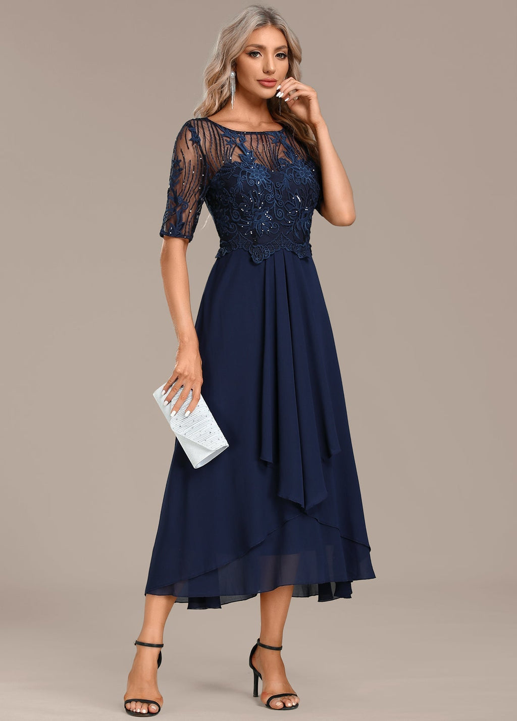 Sophie | Elegant Navy Lace Midi Dress with Flattering Flowing Silhouette - Eliza-Warszawa