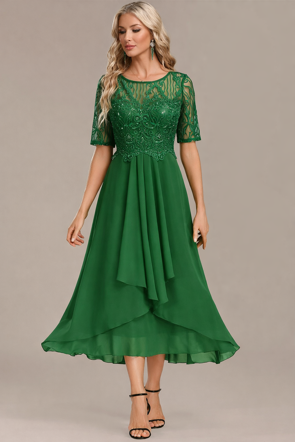 Sophie | Elegant Navy Lace Midi Dress with Flattering Flowing Silhouette - Eliza-Warszawa