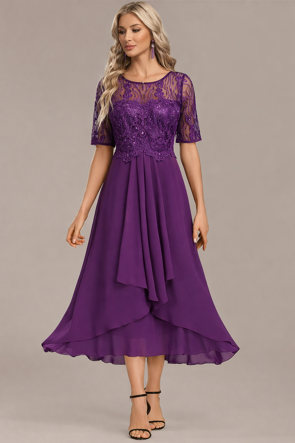 Sophie | Elegant Navy Lace Midi Dress with Flattering Flowing Silhouette - Eliza-Warszawa