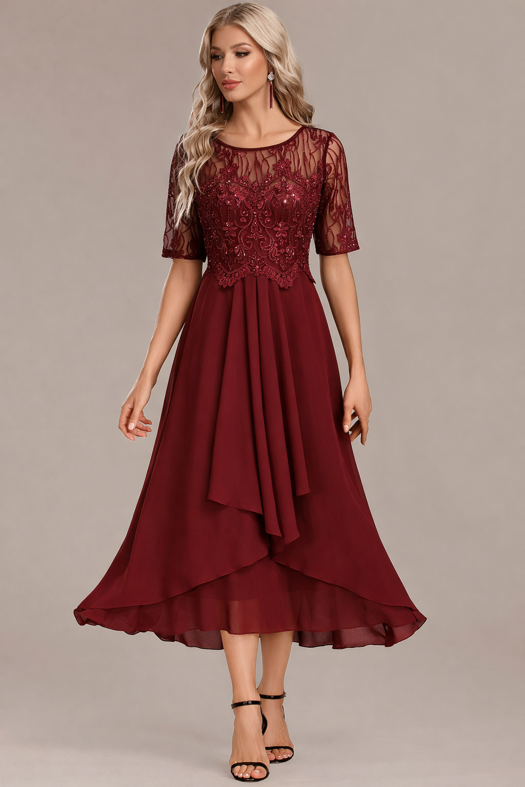 Sophie | Elegant Navy Lace Midi Dress with Flattering Flowing Silhouette - Eliza-Warszawa