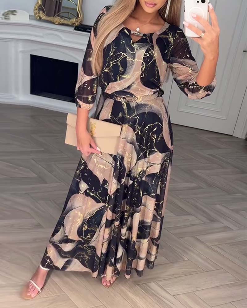 Sophie | Printed Waist-Defined Midi Dress with Elegant Three-Quarter Sleeves