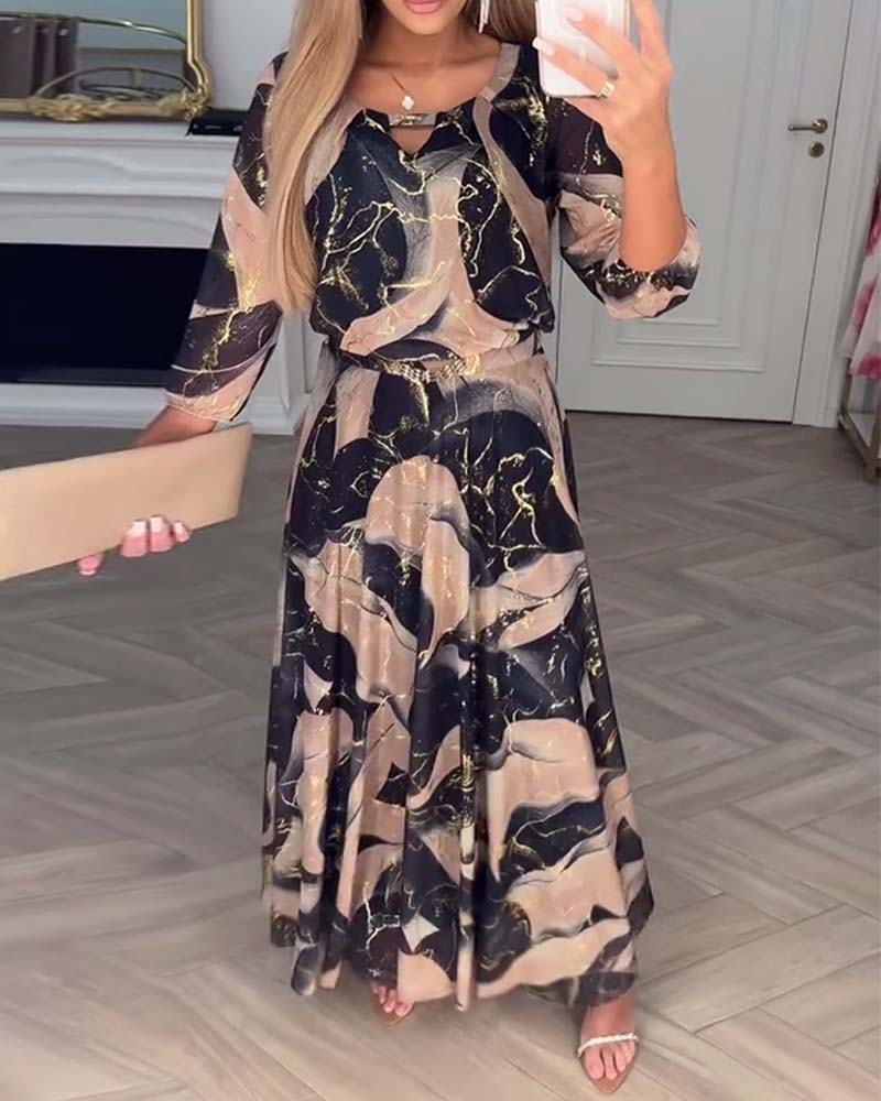 Sophie | Printed Waist-Defined Midi Dress with Elegant Three-Quarter Sleeves