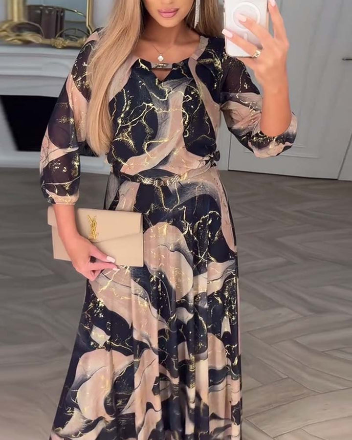 Sophie | Printed Waist-Defined Midi Dress with Elegant Three-Quarter Sleeves - Eliza-Warszawa