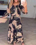 Sophie | Printed Waist-Defined Midi Dress with Elegant Three-Quarter Sleeves - Eliza-Warszawa
