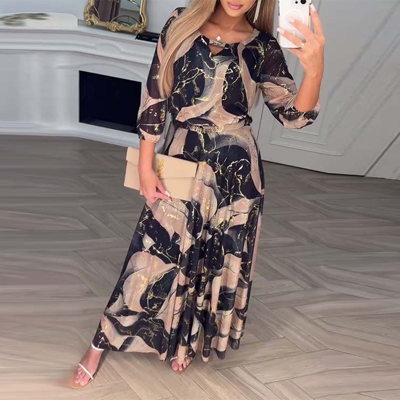 Sophie | Printed Waist-Defined Midi Dress with Elegant Three-Quarter Sleeves - Eliza-Warszawa