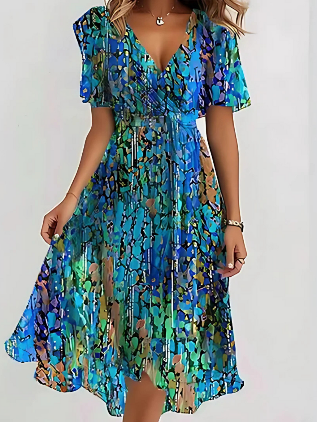 Sophie | Vibrant Boho Print Flowy Midi Dress with V-Neck Silhouette - Eliza-Warszawa