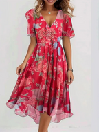 Sophie | Vibrant Boho Print Flowy Midi Dress with V-Neck Silhouette - Eliza-Warszawa