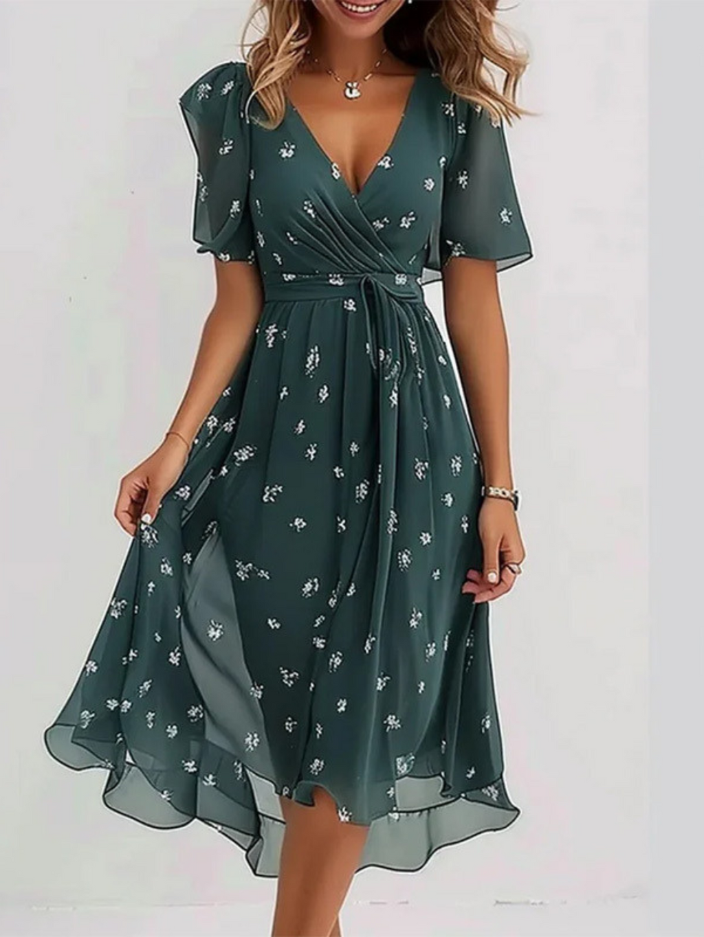Sophie | Vibrant Boho Print Flowy Midi Dress with V-Neck Silhouette - Eliza-Warszawa