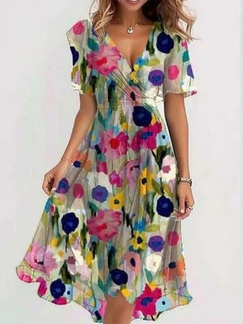 Sophie | Vibrant Boho Print Flowy Midi Dress with V-Neck Silhouette - Eliza-Warszawa
