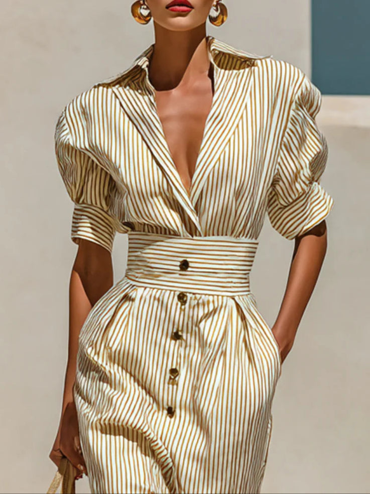 Striped Lapel Short Sleeve Waist Midi Dress - Eliza-Warszawa