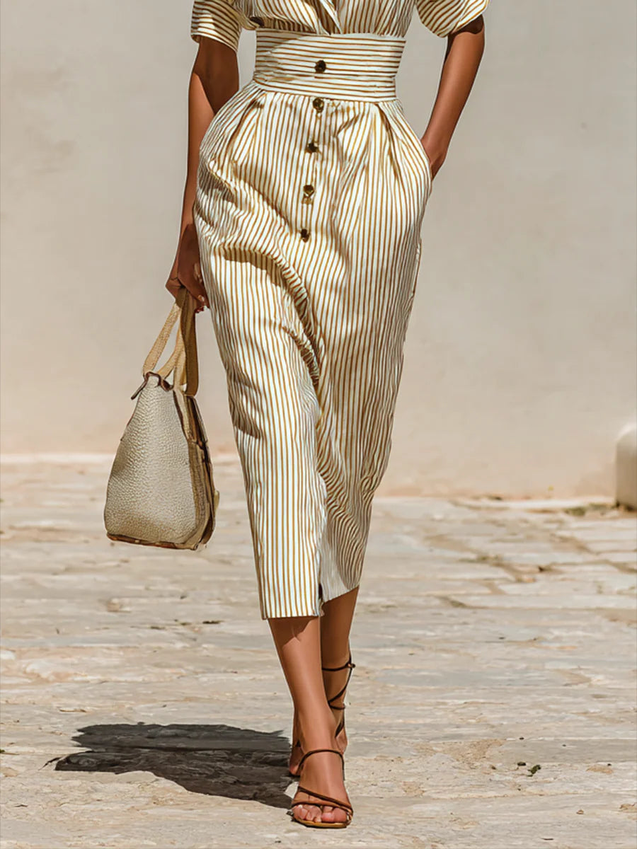 Striped Lapel Short Sleeve Waist Midi Dress - Eliza-Warszawa