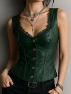 Stylish Black Leather Corset Waistcoat With Lace-Trim