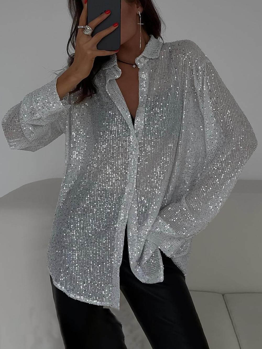 Stylish Sequined Collared Long-sleeved Shirt - Eliza-Warszawa